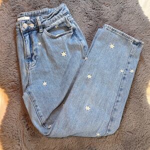 PacSun Blue Straight Leg Jeans with White Floral Embroidery